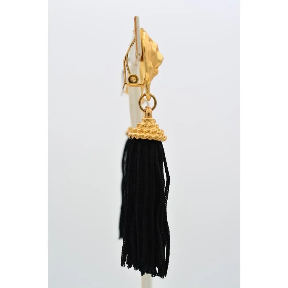 Vintage Lion Head Black Tassel Clip On Statement Earrings Brushed Gold 80s BinAR